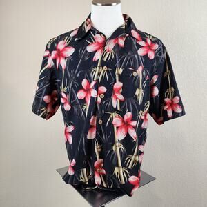 Banana Cabana 100% Silk Shirt Men Medium Black W/Red Floral Pattern & Pocket
